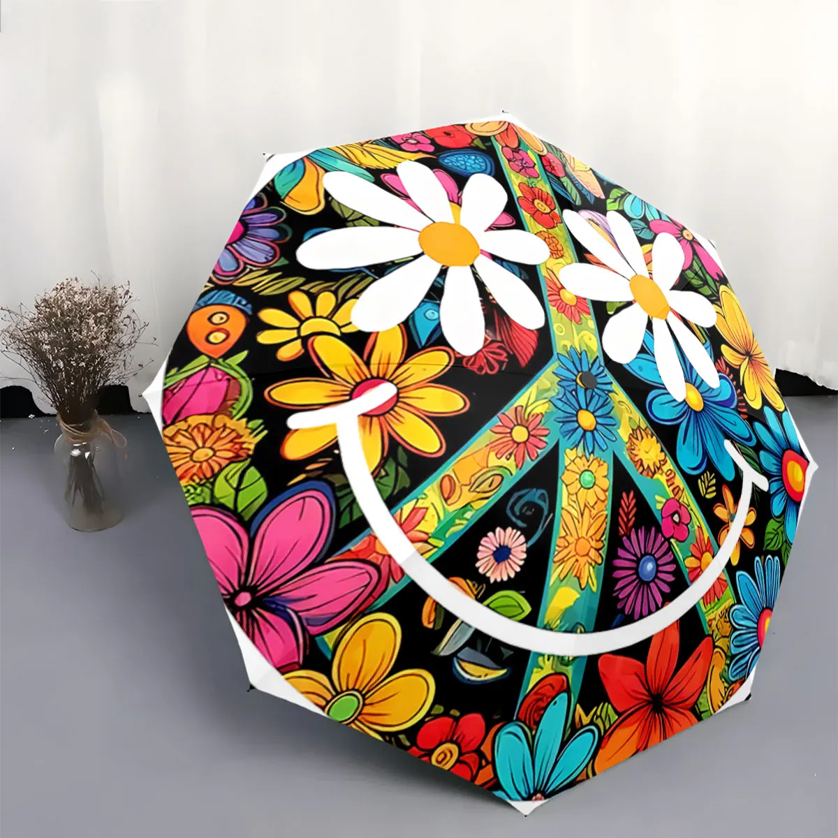 Colorful Floral Peace Symbol Smiley Face Design Umbrella portable waterproof sun rain umbrella for outdoor travel beach
