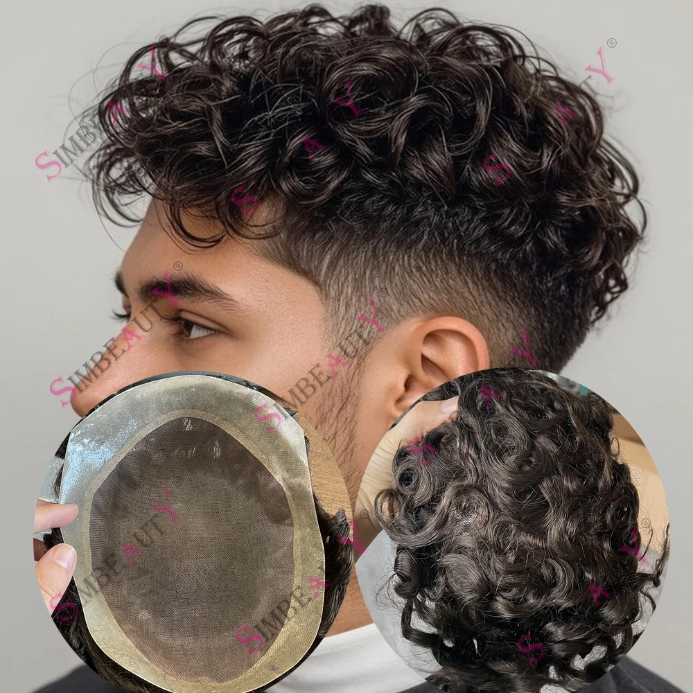 

Classic Curly Toupee for Men 20mm/24mm/28mm European Human Hair Replacement Systems Durable Mono Lace Top PU Men's Hairpieces
