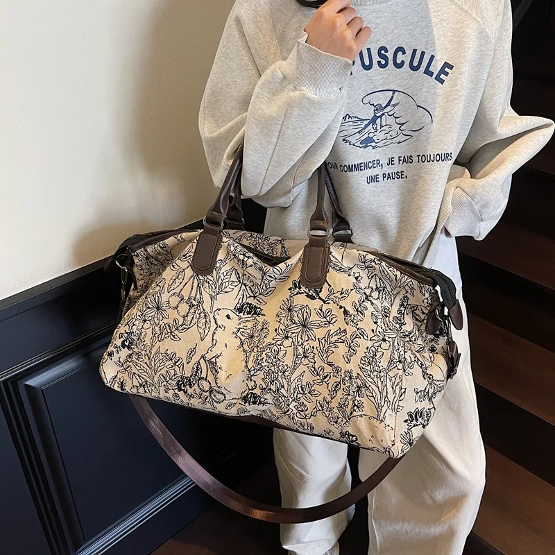 New Chinese Style Print Travel Bag Large Capacity Lightweight Weekend Bag Short Trip Luggage Sports Fitness Handbag for Women