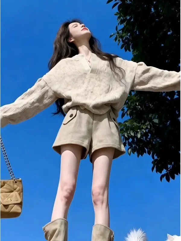 

Laid-ba Vintage Casual V-ne Overhead Sweater Women's Autumn Winter Khaki Knitted Top orts Two-piece Set High Waist or...