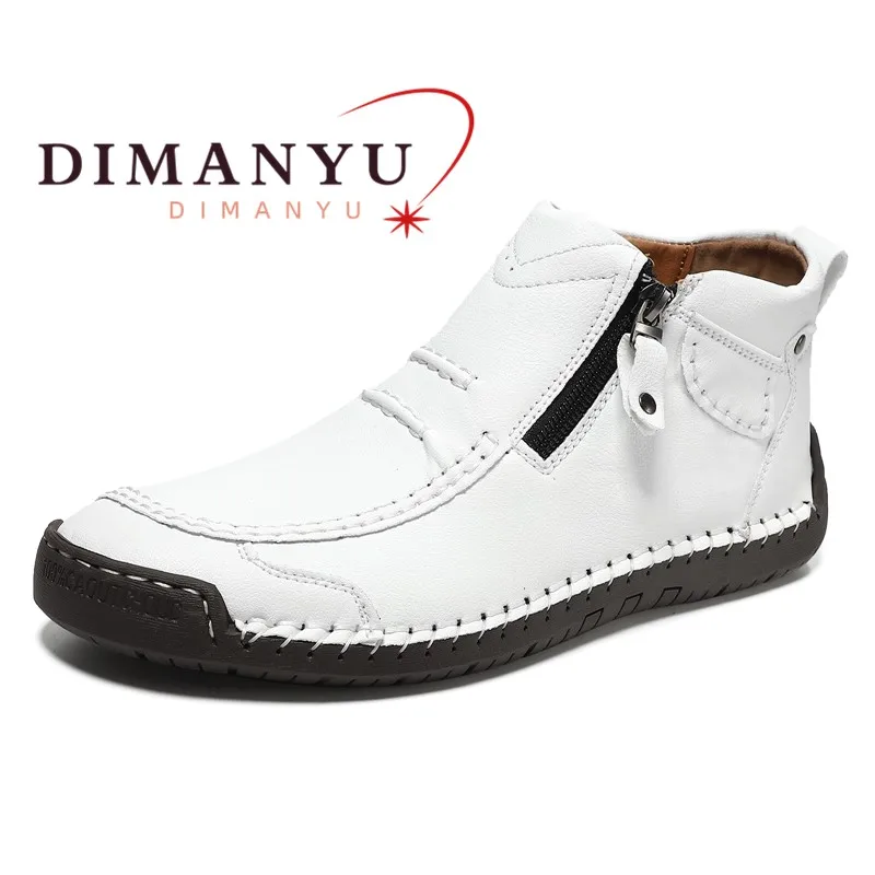 DIMANYU Men Ankle Boots Side Zipper HandStitched Moccasins NonSlip WearResistant Retro Daily Casual Short Booties For Men