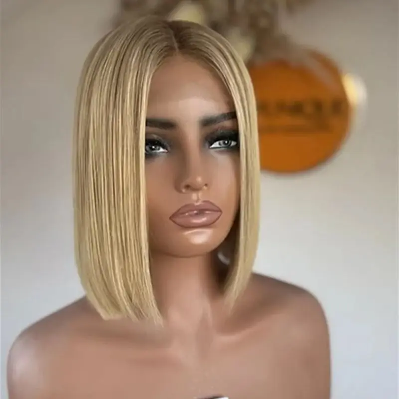 Glueless Hairline Trendy Short Straight Bob 13x4 Ombre Golden Blonde Synthetic HD Lace Front Wig with Roots Small Large Size Cap