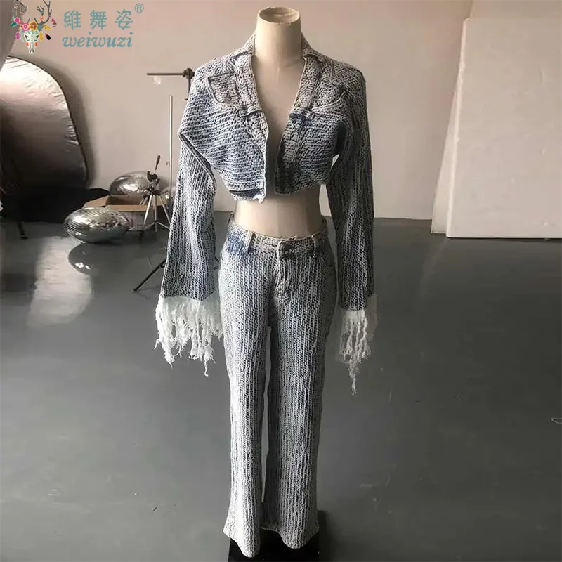 

Осенний новый женский джинсовый комплект, специальная джинсовая короткая куртка с длинными рукавами и кисточками, пальто с высокой талией, широкие джинсы, модная повседневная одежда