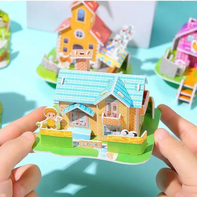 3Pcs Paper Three-dimensional Jigsaw Puzzle Blocks DIY Hut Kindergarten Children Handmade Educational Toy Creative Building Model