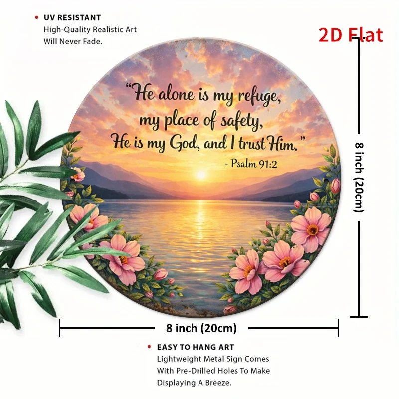 2D Flat, [2Dflat] 1pc 19.99x19.99 cm - Psalm 912 Bible Verse Metal Sign, Sunset Lakeside Floral Wall Decor, Christian Believer G