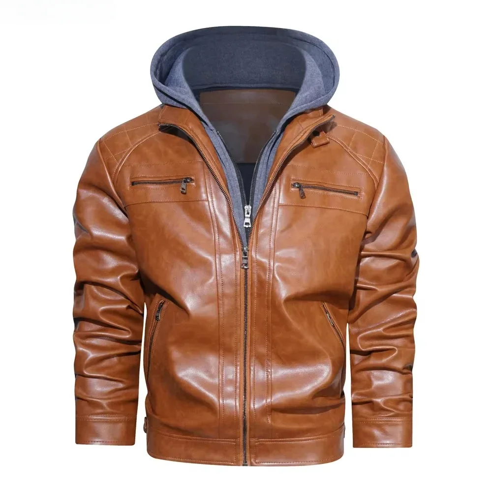 Men's leather jacket hooded solid color warm motorcycle jacket camera hombre invierno men's jacket American trendy