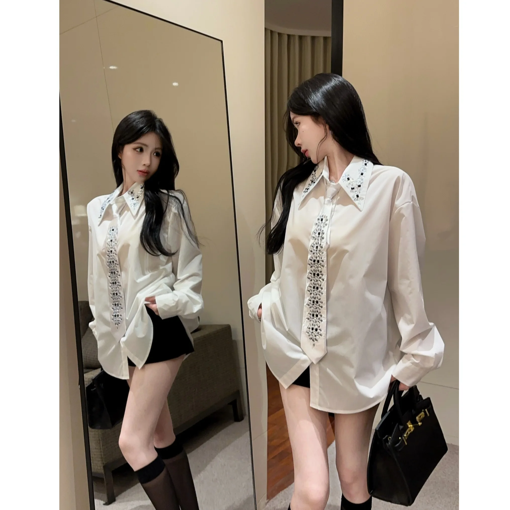 

Slimming Effect Single Button Straight Leg Shirt Women's Personality Rhinestone Tie Loose Heavy Work Long Sleeve Top