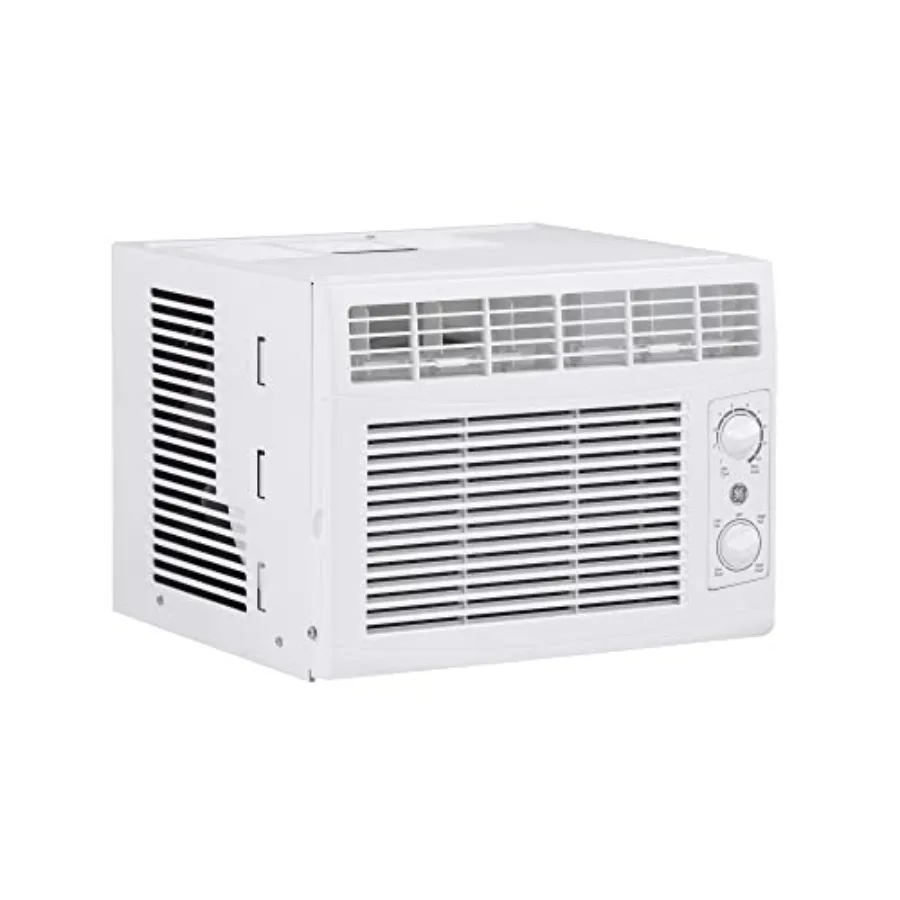 Window Air Conditioner Unit for small bedroom or living room, white plastic housing, 5, 000 BTU cooling capacity, manual adjust