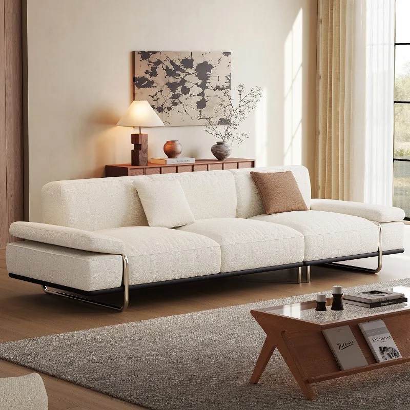 Italian minimalist fabric sofa, large flat layer straight row cream style sofa