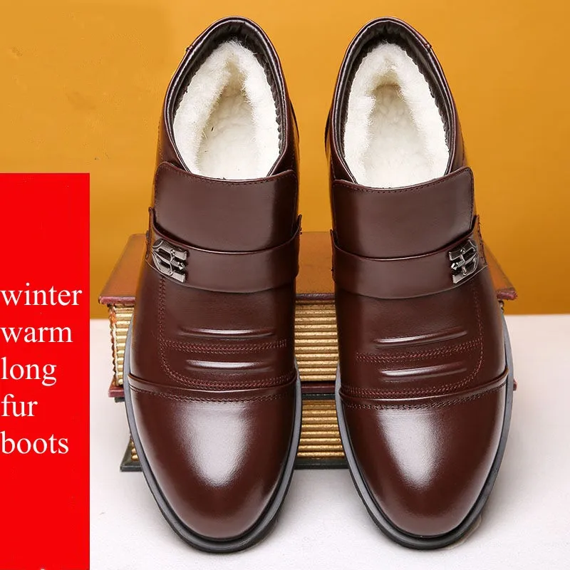 Quality High Top Formal Dress Shoes Winter Men\'s Genuine Leather Boots 2023 Elegant Warm Plush Ankle Boots Male Office Father