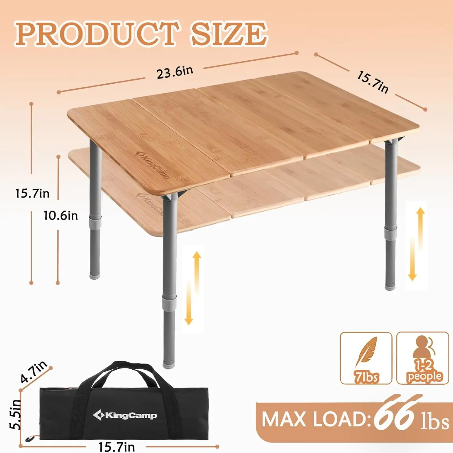 Bamboo Folding Table Lightweight Camping Table with Adjustable Height Aluminum Legs 4-Fold Compact Small Portable Camp Tables fo