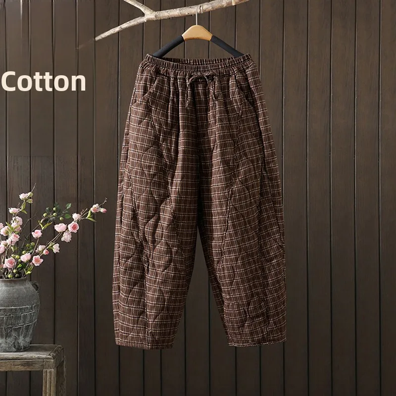 Winter Plaid Thin Cotton Pants Women's Fashionable Artistic Personality Cotton Ladies' Long Trousers Warm Bend Knife Pants
