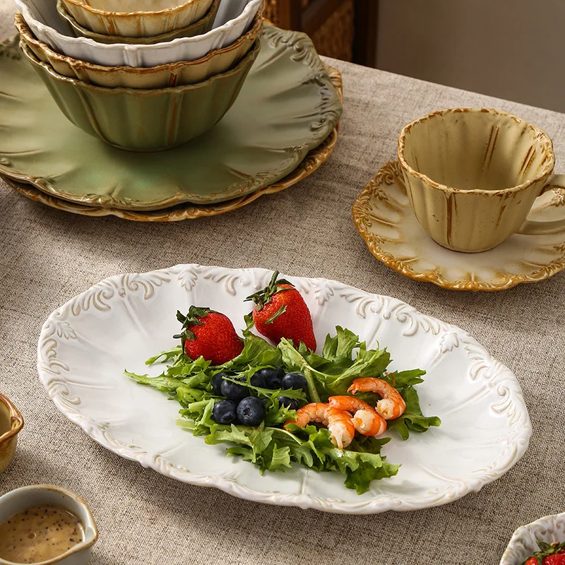 Relief Retro Style Ceramic Tableware Household Dishes French Plate Tableware High-end Feeling Steak Dessert