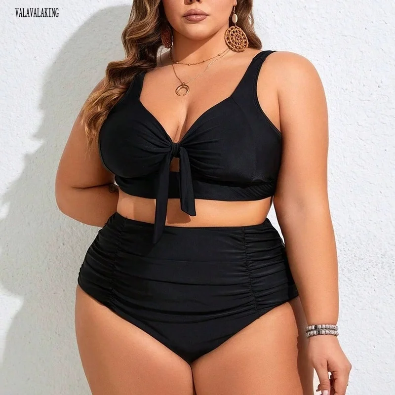 Women Plus Size High Waist Bikini Sets Lace Up Two Piece Bathing Suits Curvy Big Size Brazilian Swimwear For Chubby Ladies