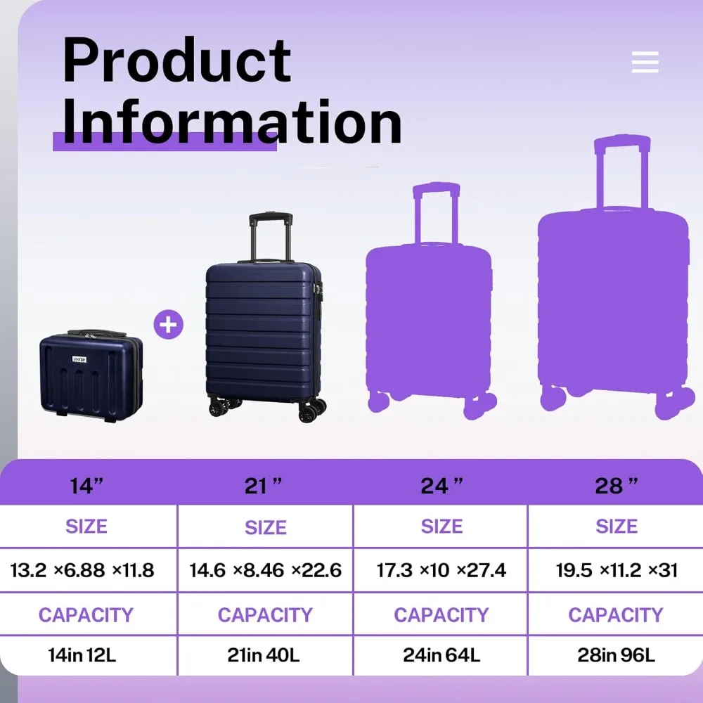 Lightweight Hardside ABS Luggage Set with USB Port, Carry-On and Mini Cosmetic Cases, TSA Approved for Travel