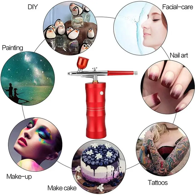 Portable Airbrush Kit With Compressor, Rechargeable Cordless Handheld Airbrush Set With 3 Paint Cups, Red-[A04I Tools]