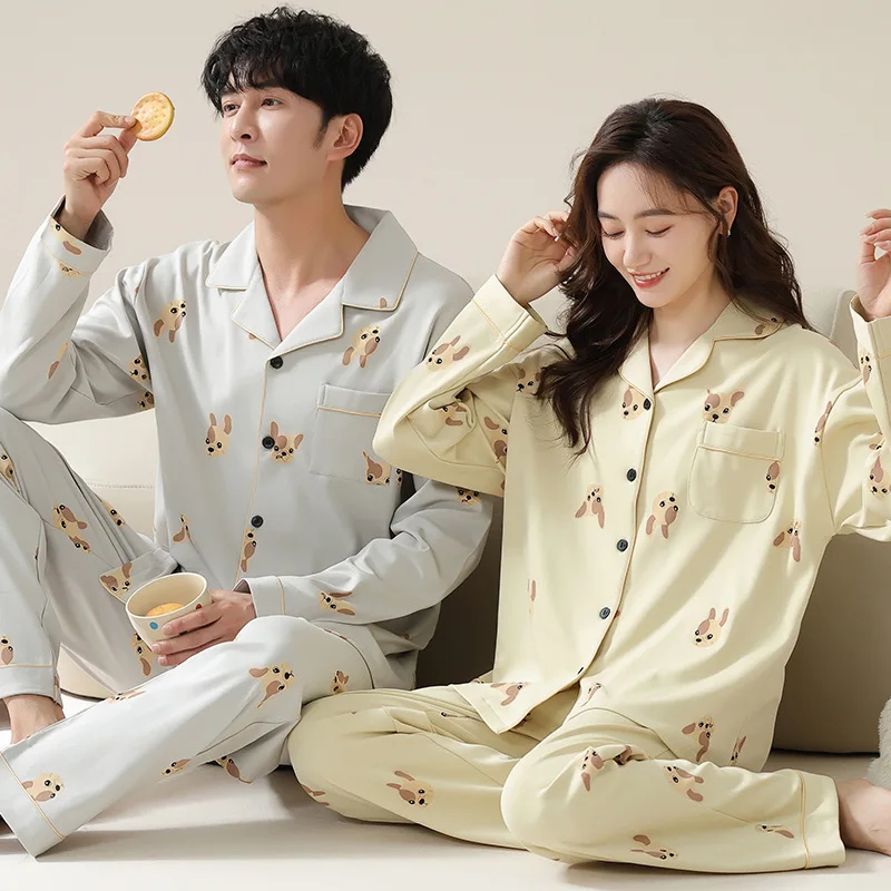 Spring Cotton Long Sleeve Couple Sleepwear Simple Design Men Women Two-piece Set Home Clothes Soft Nightwear pijama para parejas