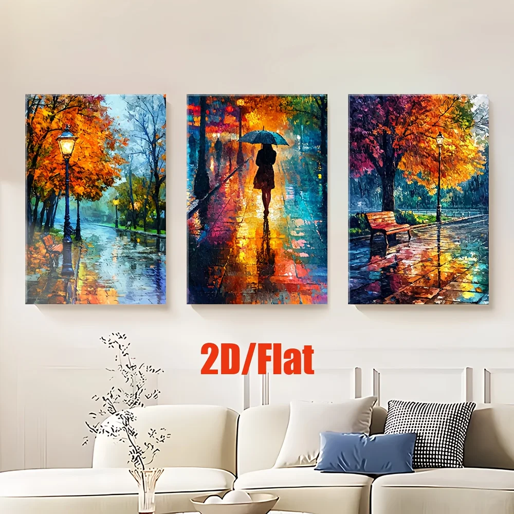 （NoFrame 3PCS）-2D Flat, 2D Flat, 2D Flat Set of Three, Flat Frameless Canvas Artwork Featuring Abstract Designs of Streets in