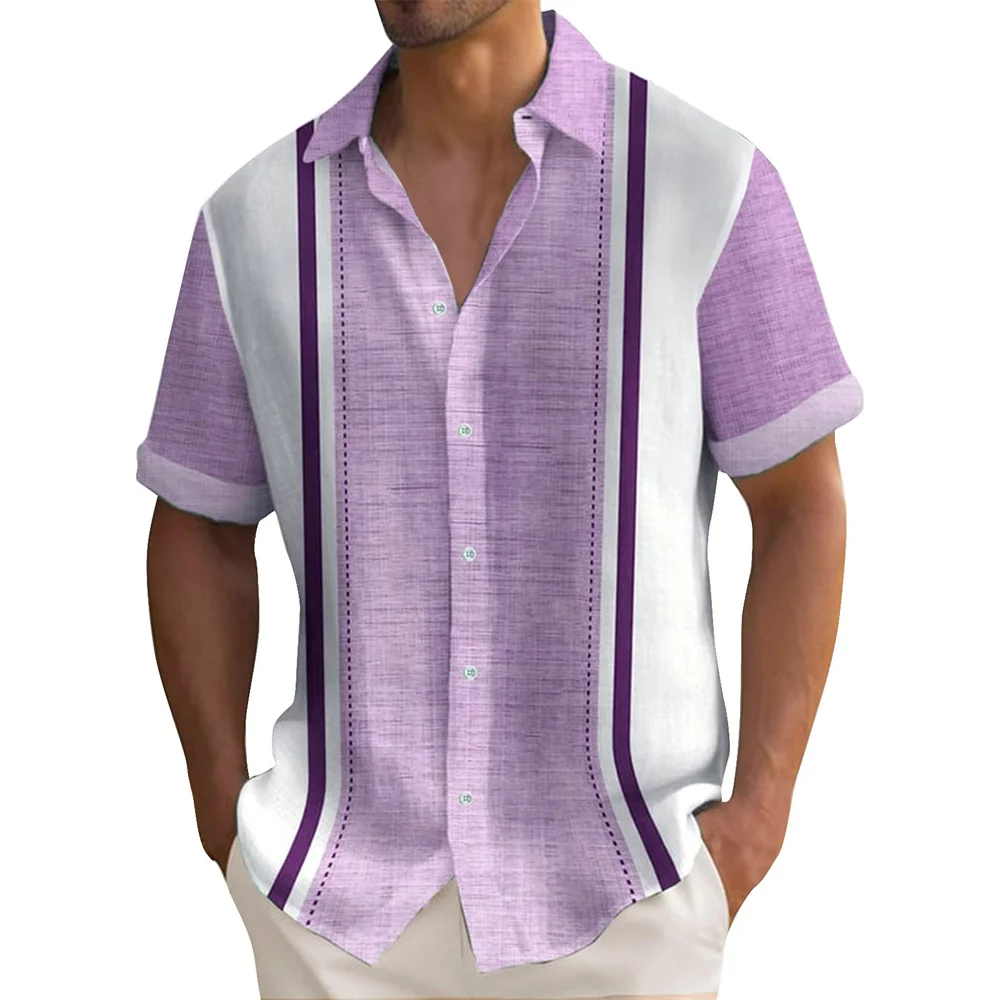 Camisas estampadas a rayas de verano para hombre, pantalón corto informal de manga abotonada, camisa hawaiana holgada, ropa de gran tamaño para hombre, camisa con solapa