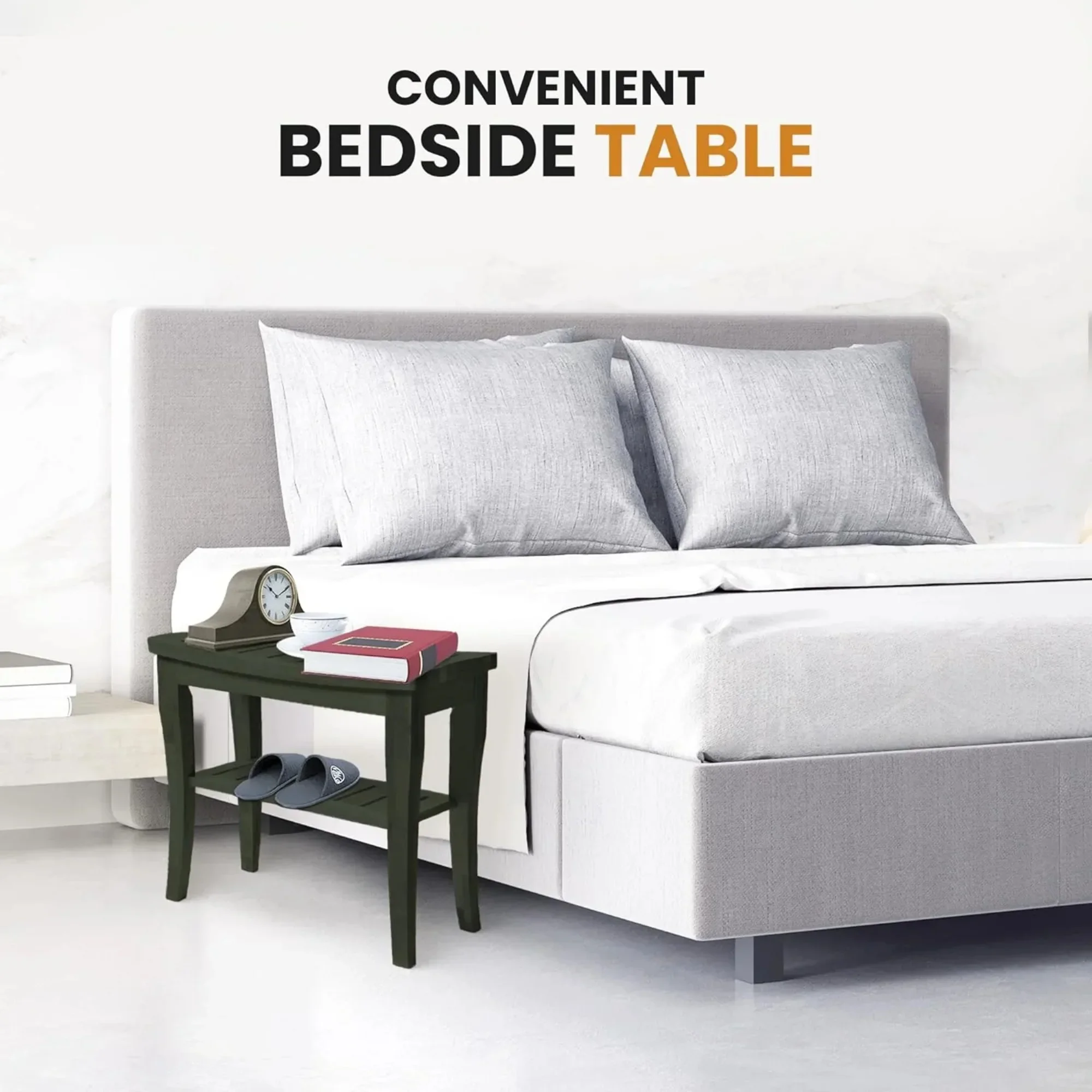 مقعد استحمام من الخيزران الأسود مقاس 18 بوصة مع رف تخزين، مقعد سبا غير قابل للانزلاق للاستخدام الداخلي/الخارجي، مسند للقدمين ومقعد حمام