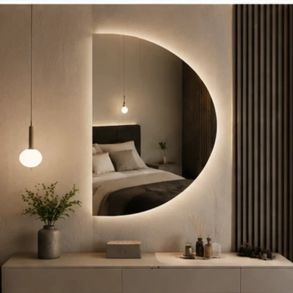 Smart LED Half Moon Bathroom Mirror Anti-Fog Wall Mounted Semicircle Vanity Mirror Touch Dimmable 3 Color Makeup Mirror