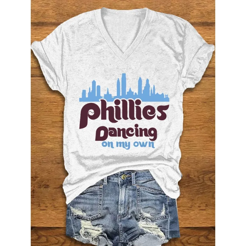HOT Women's Baseball Print T-Shirts Summer V Neck Tops Short Sleeve Casual Tees