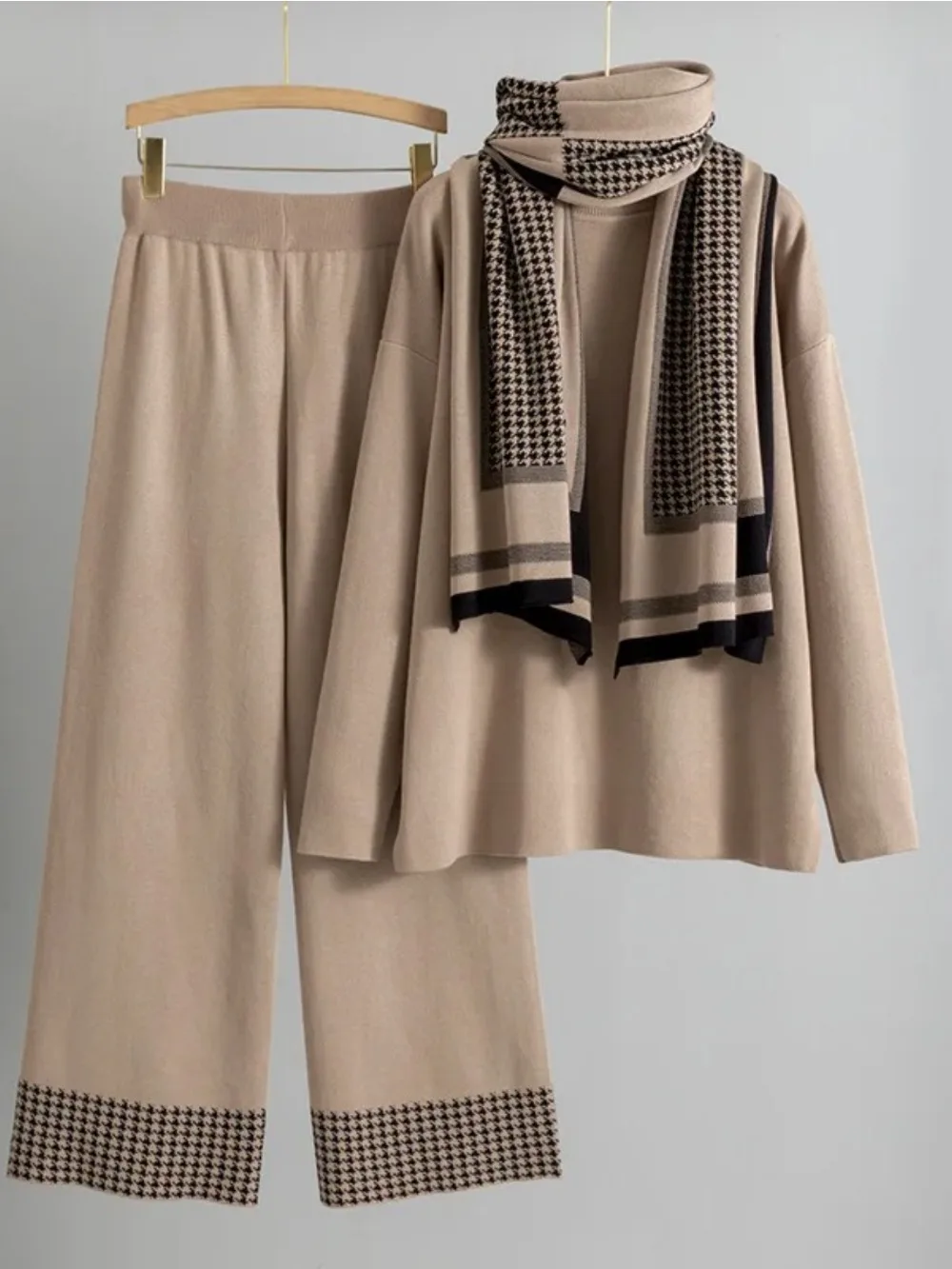 

3 Piece Sets Women Turtleneck Jumper Sweater Wide Leg Pants Scarf Suit Morocco Ramadan Muslim Outfits autumn winter Ensemble