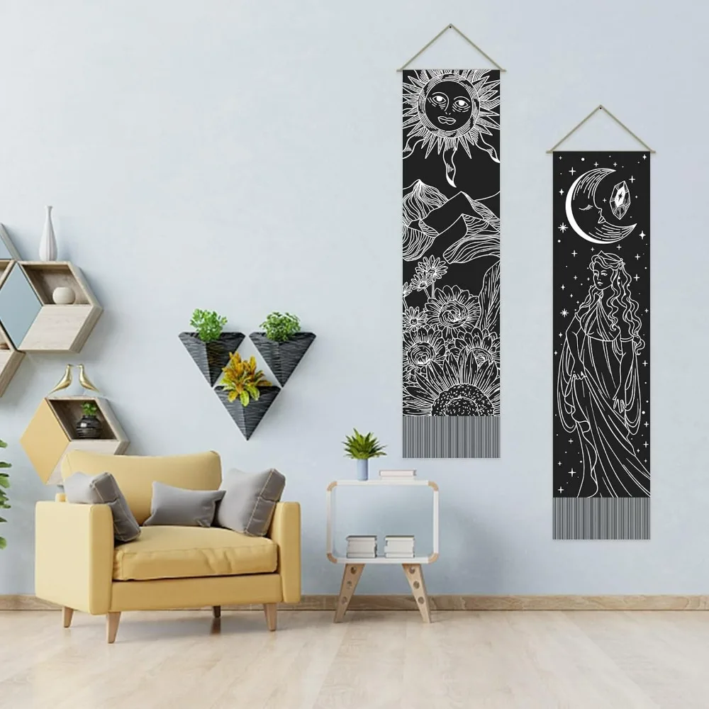 2 Pcs Tarot Theme Pattern Tapestry Sun and Moon Goddess Long Vertical Tapestry Wall Hanging Tarot Card Wall Art