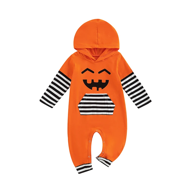 

Toddler Halloween Costume Pumpkin Print Long Sleeve Romper with Hood and Kangaroo Pocket for Baby Boys and Girls