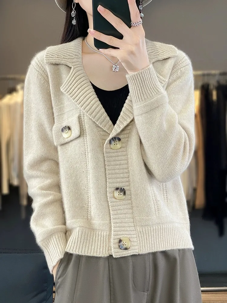 100% cashmere cardigan women\'s suit collar solid color all-in-one top loose slimming short wool knit sweater coat