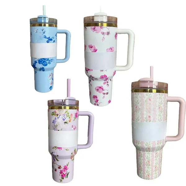 2024 Fresh Flower for Stanley Handle 40oz Vacuum Car Mug Double Wall Thermal Iced Travel Cup Christmas Gift