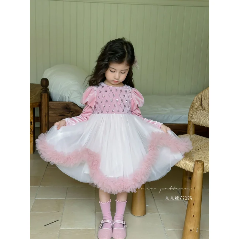 

Girls' Dress2025Autumn New Velvet SequinstutuSkirt Bubble Long Sleeve Princess Dress First Birthday Outfit