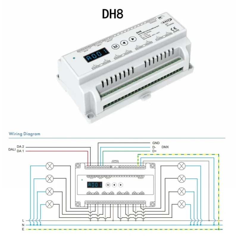 

DH8 (DT7) Din Rail 8CH*16A DALI and DMX RDM 8-Channel Relay Unit Controller Numeric Display DC100-240V For LED Lamp Lights