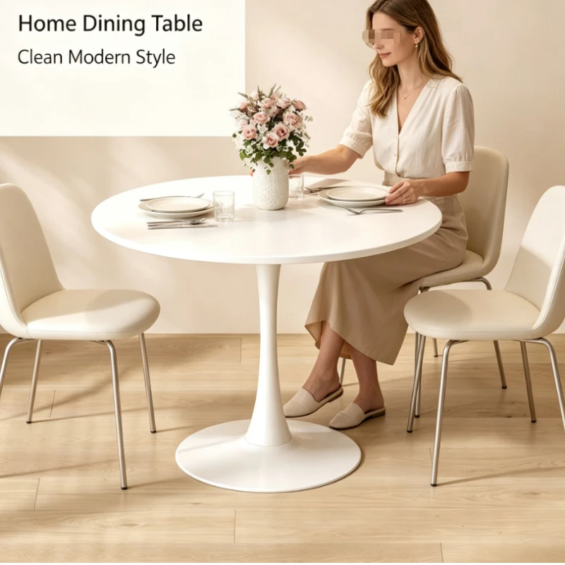 Round Dining Table With Tulip Base And Smooth White Top For Modern Living Room And Cafe Seating Area