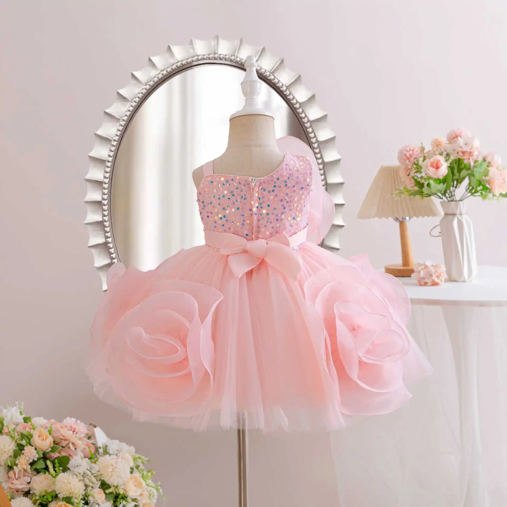 HETISO Girls Party Dresses Flower Elegant Child Wedding Gown Sequined Big Bow Kids Birthday Ceremonial Frocks 1-7 Years