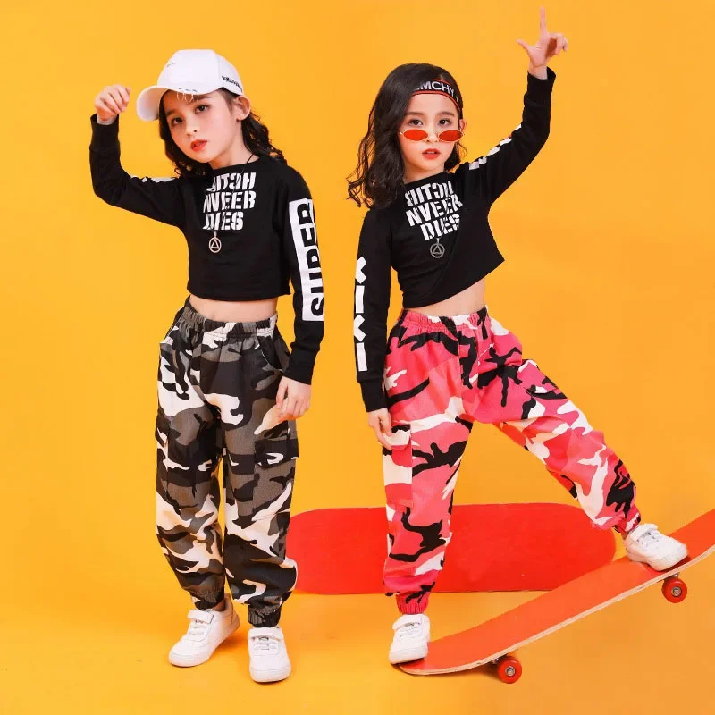 

Casual Pants for Girl Dance Costume Hiphop Dancing Clothes 110-180cm Kids Adult Hip Hop Clothing Sweatshirt Top Crop Camouflage