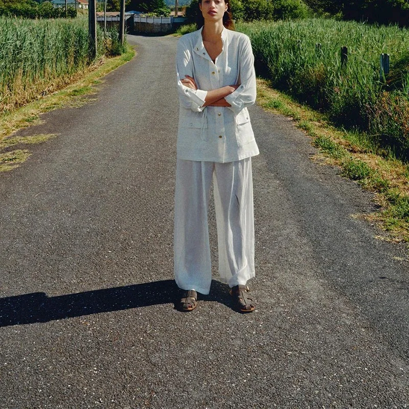 Zomer Nieuwe Dames Gemengd Jachtpak Sle Lange Sve Opstaande Kraag Irt Top Polyestervezel 00% Pendelen Sle Loose Fit