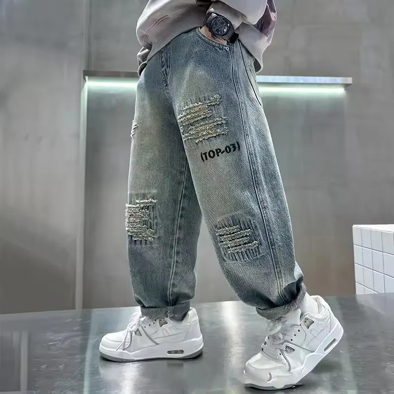 Boys Fashion Jeans Autumn Children Denim Loose Pants Teenager Spring Baggy Trousers New Kids Casual Handsome Clothing 4-12Y