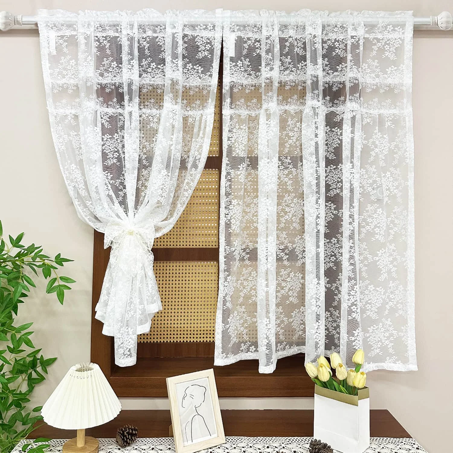 White Floral Lace Sheer Curtain, Embroidered Transparent Rod Pocket Short Curtain for Kitchen Window Home Decor