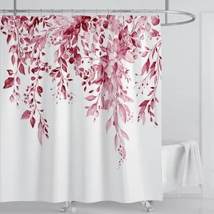 エメラルドグリーンユーカリシャワーカーテン生地、花の浴室のシャワーカーテンセット付き水彩植物の葉はフック付き 8ベストセールスシャワーカーテンセット-4