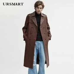 Men's Classic Brown Leather Trench Coat - Full-Length Double-Breasted British Fashion Personalized Sheepskin