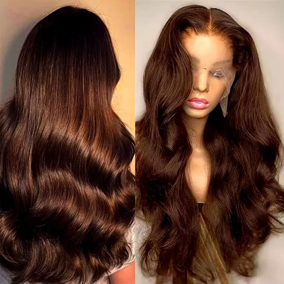 

4x4 Hd Transparent Lace Chocolate Brown Body Wave Frontal Lace Wigs No Shedding Human Hair Wig Indian Hair Wig For Black Women