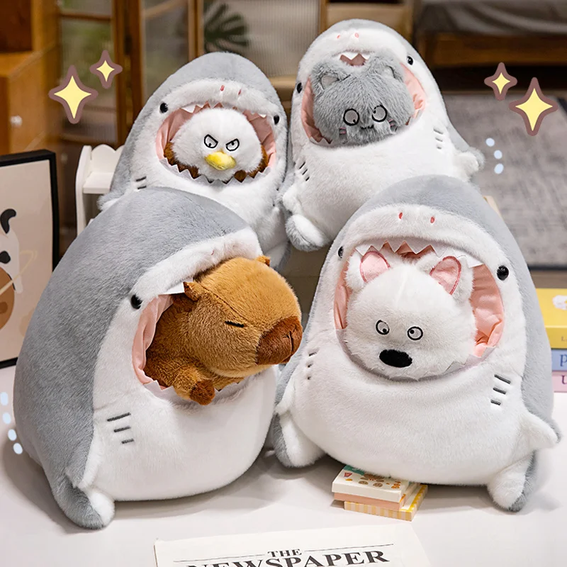 

30/40cm 2-in-1 Cartoon Animals in Shark Shell Plush Toy Combined Cosplay Plushie Bee Eagle Dog Cat Capybara Bird Birthday Gift