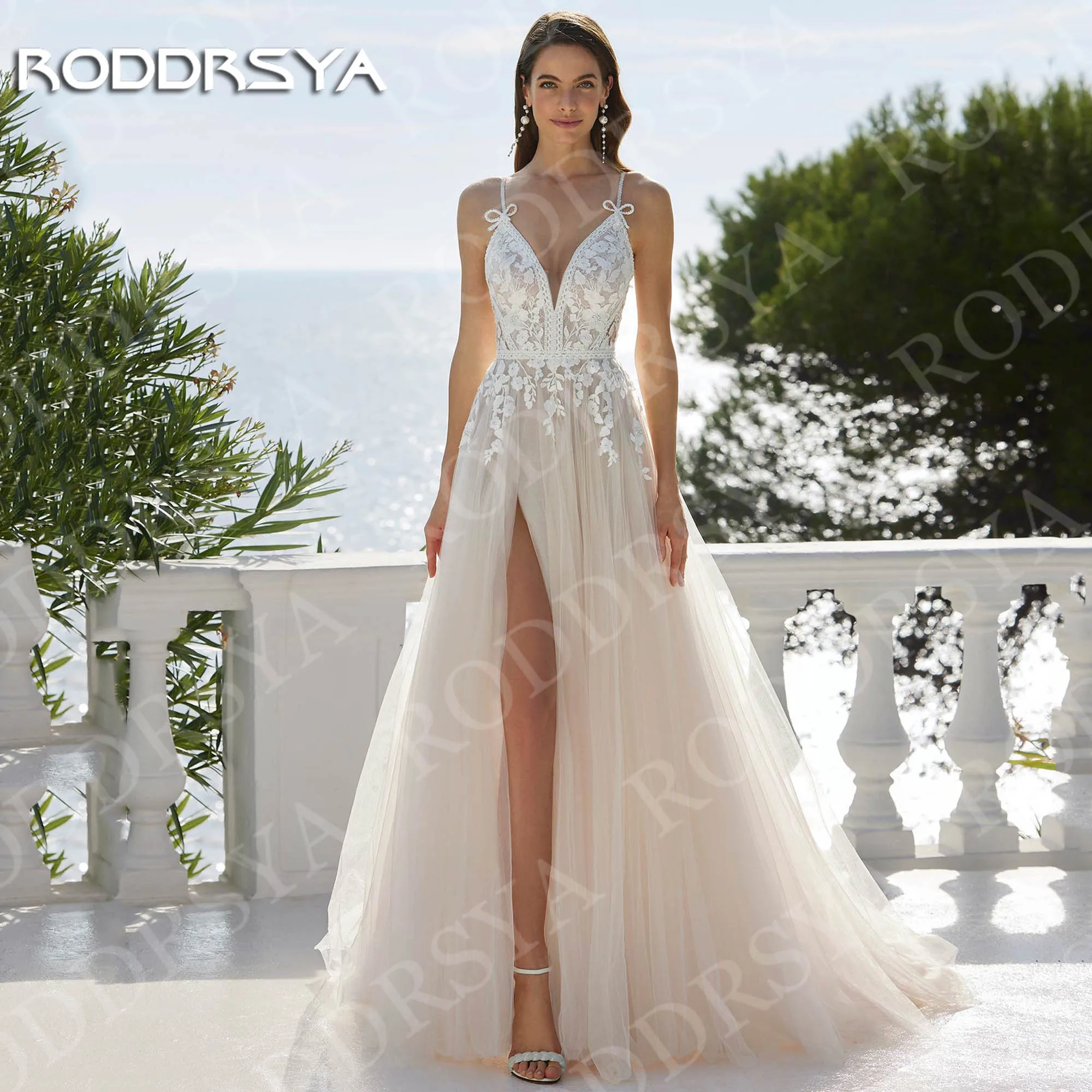 

RODDRSYA Beach Wedding Dress Boho Deep V Neck Lace Appliques High Slit A Line Bridal Gown Backless Customized vestidos de novia