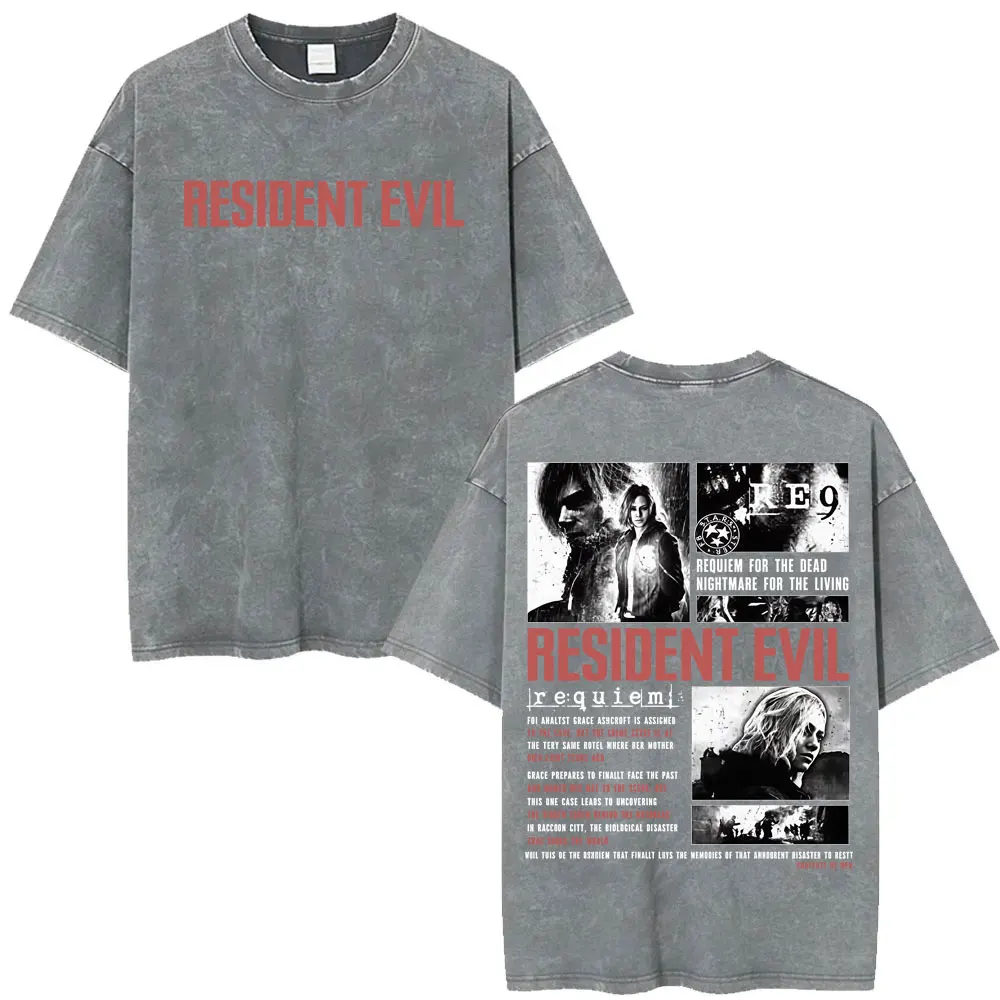 Resident Evil Requiem Washed T Shirt Leon Kennedy Grace Ashcroft Vintage 90s T-shirts Men Women Fashion Classic Harajuku T-shirt