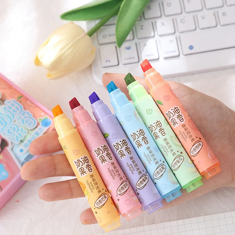 6 Colors Highlighter Markers Creamy Fruity Aroma Highlighter Pen Back to School Supplies Aesthetic for Girl Students Kids Gifts