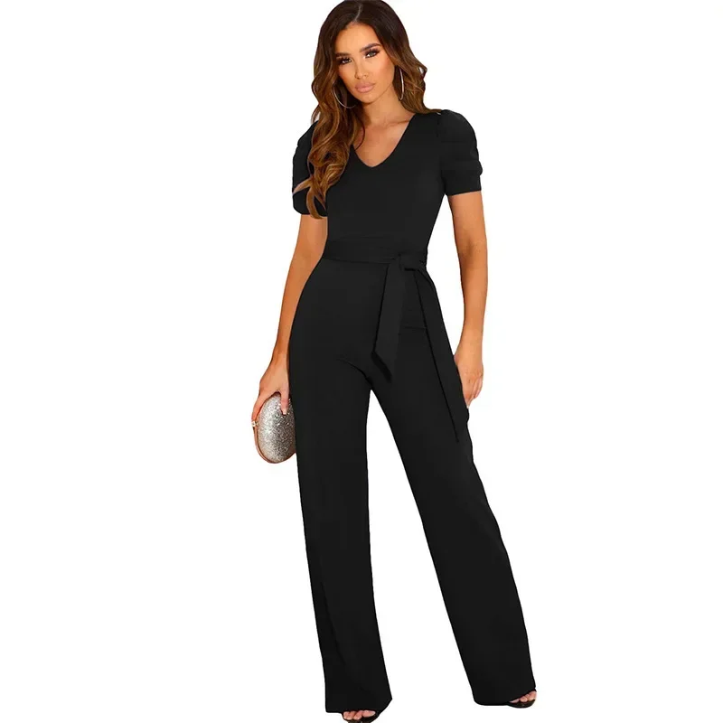 2024 Summer New Style Strap Waist Wrapped jumpsuit Women's Solid Color V-neck Short Sleeve Wide Leg Long Pants