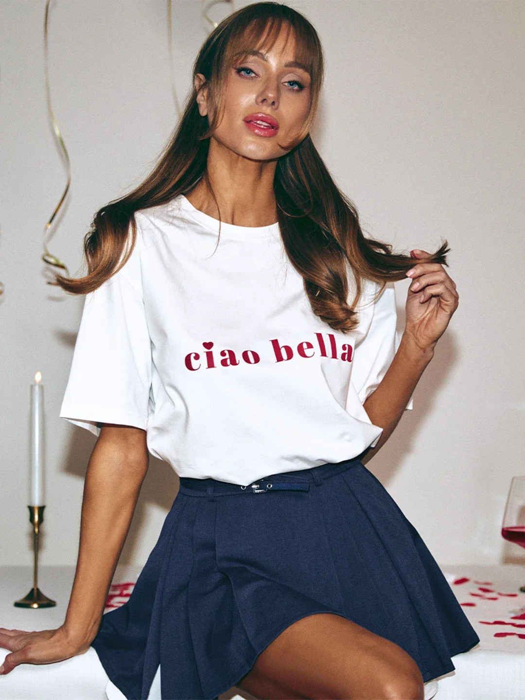 White T-Shirt with Ciao Bella Women's Harajuku Short Sleeve Casual Women's T-shirt Clothing Street Tops Tees Aesthetic Casual