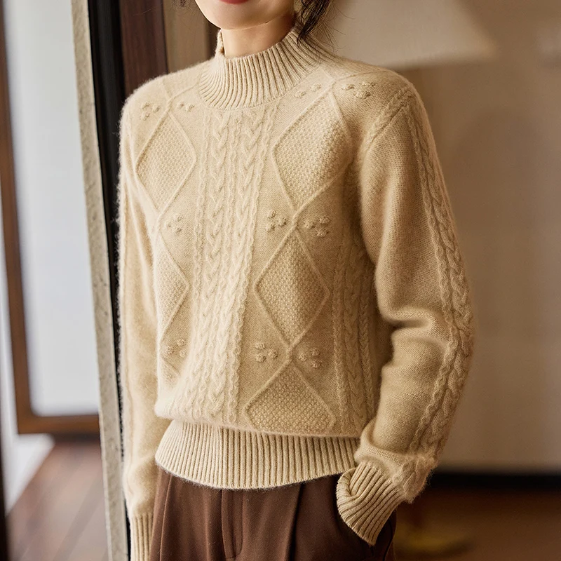 Women 100% Merino Wool Gentle Mock Neck Sweater Solid Color Pullover Soft Cashmere Fashion Basic Casual Versatile Clothing Top