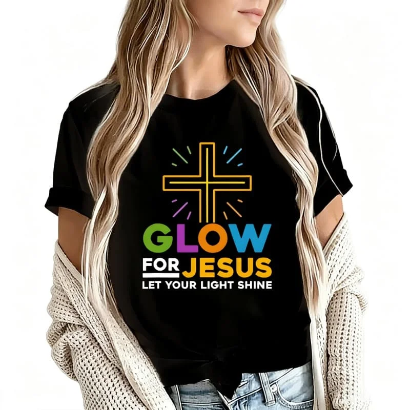 Glowfor Jesus Let Your Light Shine Women's T-Shirt 100% Cotton Funny Graphic Short Sleeve Tee Novelty Shirt Casual Crew Neck Top S-5Xl